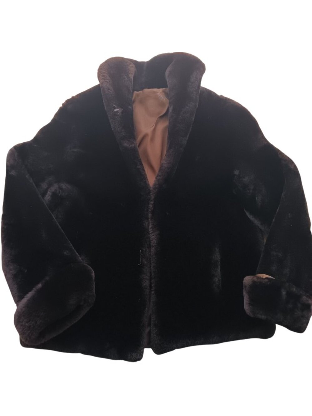 Vintage Black Mouton Fur Coat Shawl Collar 1950's Shearling Womens Small Med